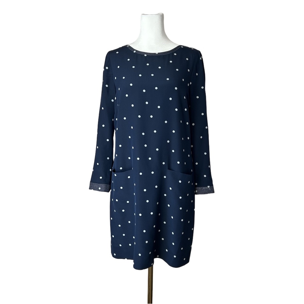 J. Crew 100% Silk Navy and white polka dot 3/4 Long Sleeve Shift Dress size 4